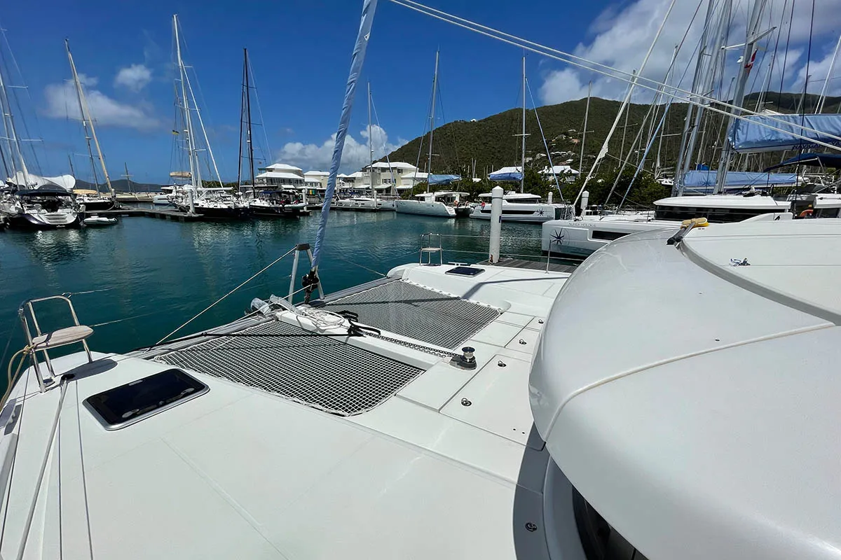 Deck of The Great Catsby, a Lagoon 42 catamaran at Road Town, British Virgin Islands