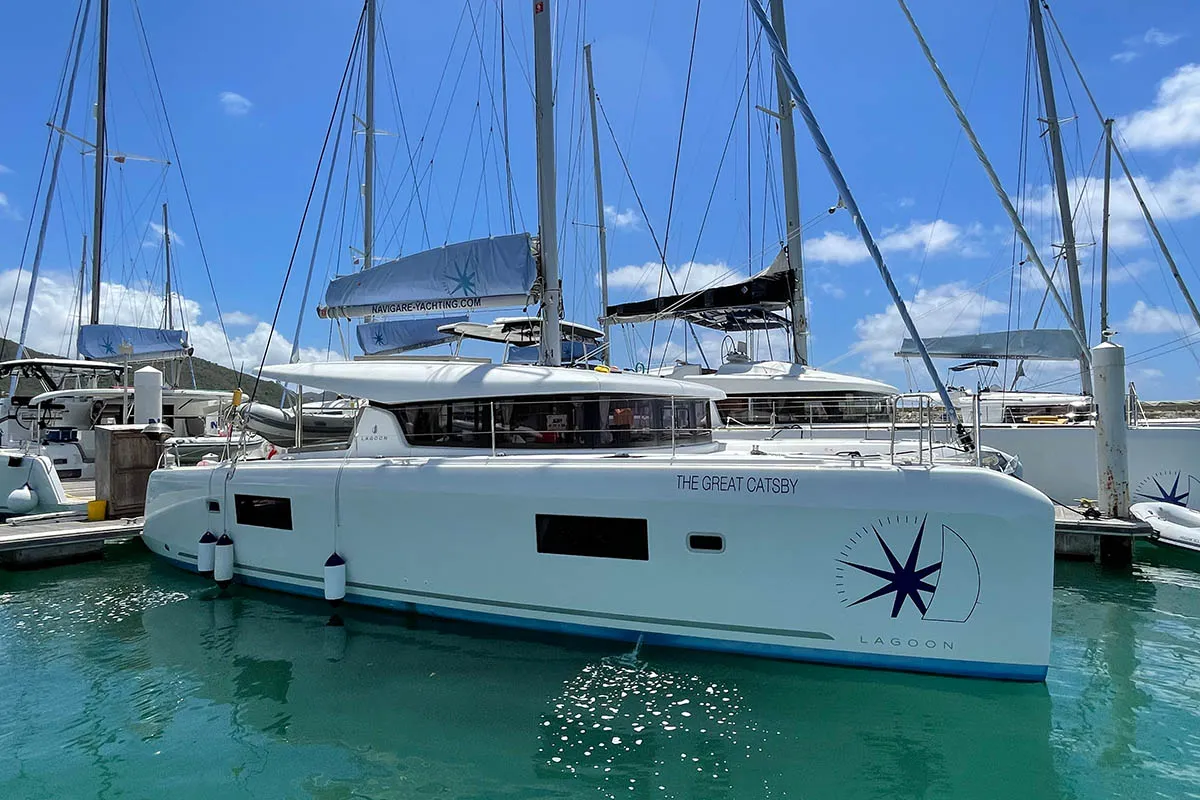 Exterior view of The Great Catsby, a Lagoon 42 catamaran at Road Town, British Virgin Islands