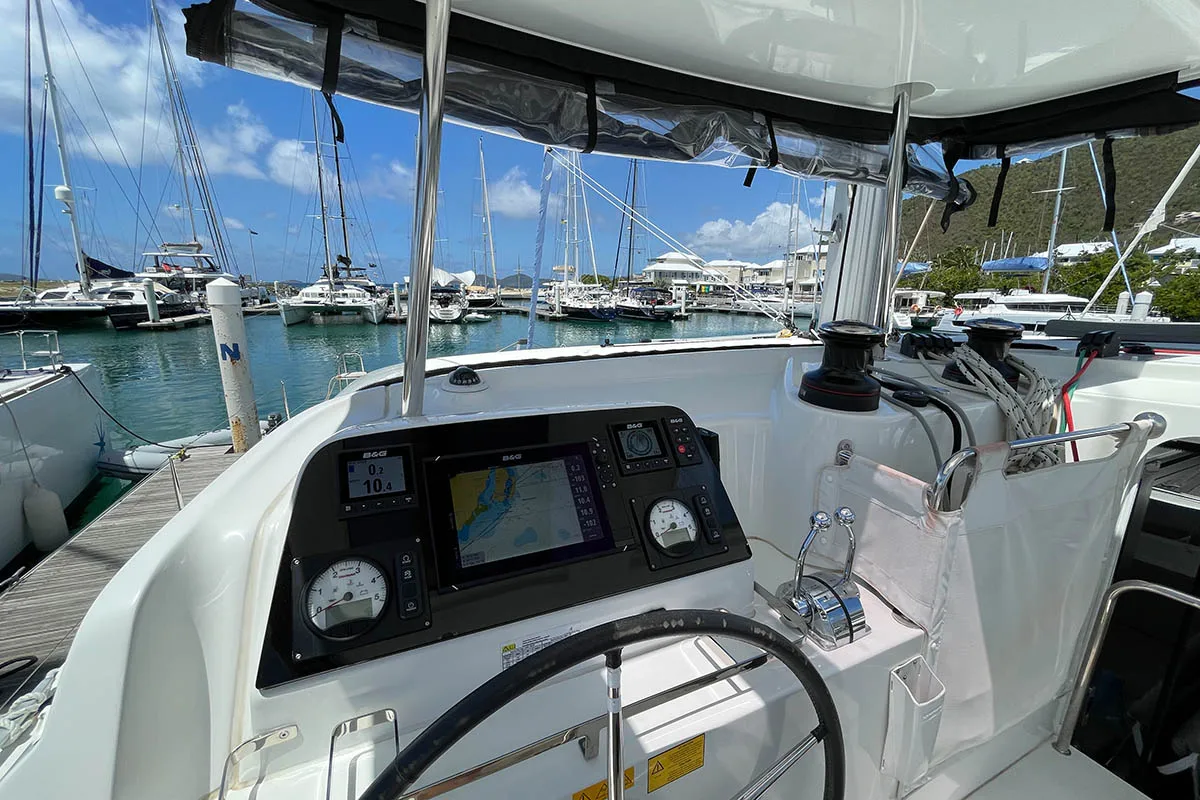 Cockpit of The Great Catsby, a Lagoon 42 catamaran at Road Town, British Virgin Islands