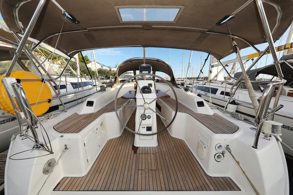 Cockpit of Dolce Vita, a Bavaria Cruiser 33 sailboat at Grad Vodice, Croatia