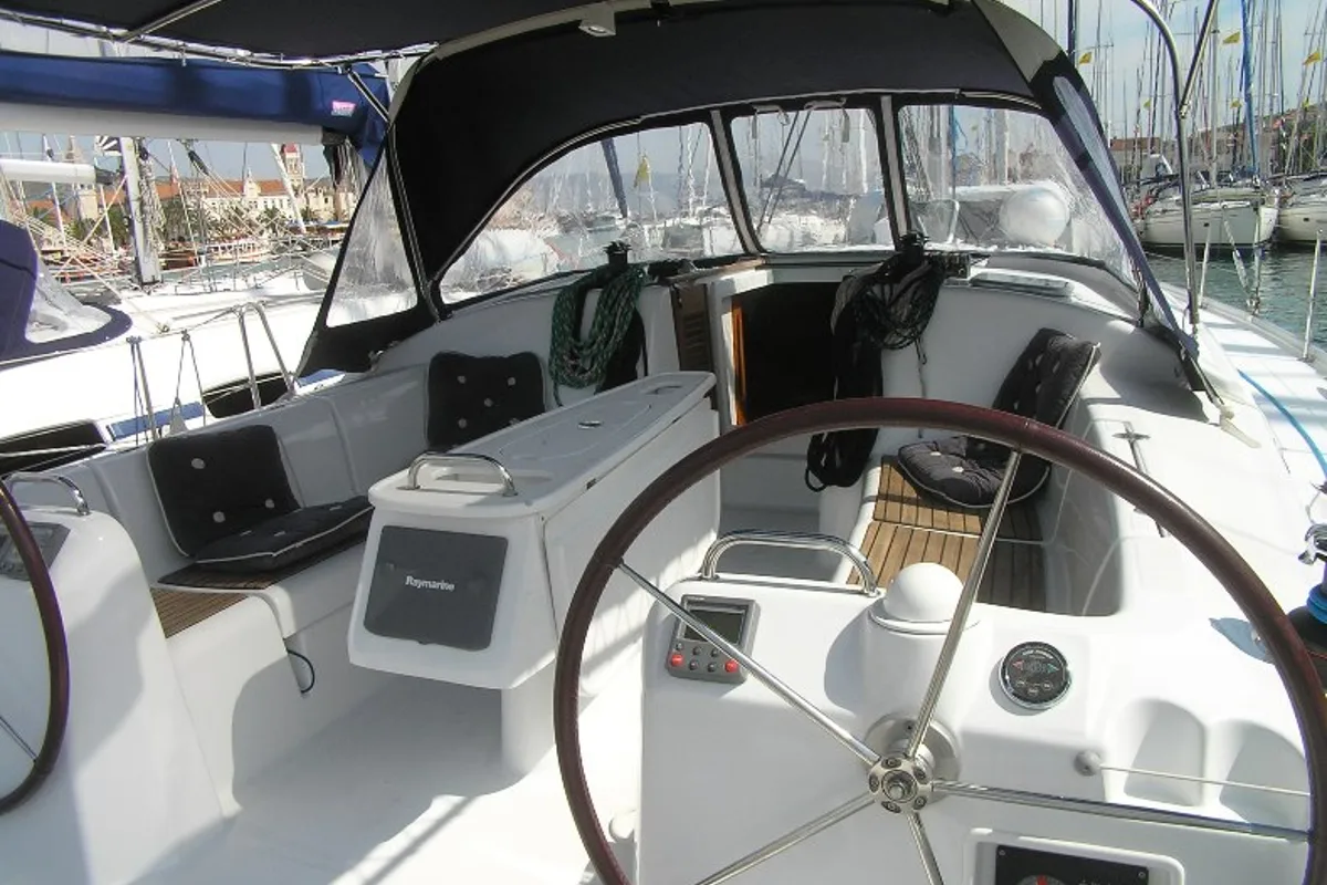 Deck of Sugar Daddy, a Beneteau Cyclades 43.4 sailboat at Grad Trogir, Croatia