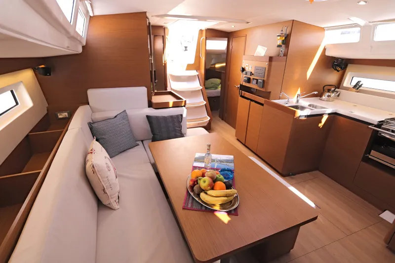 Salon of Avra, a Jeanneau Sun Odyssey 490 sailboat at Lavreotiki Municipal Unit, Greece