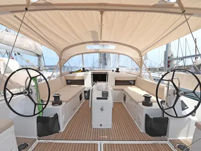 Cockpit of Avra, a Jeanneau Sun Odyssey 490 sailboat at Lavreotiki Municipal Unit, Greece