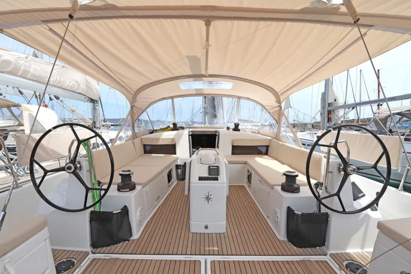 Cockpit of Avra, a Jeanneau Sun Odyssey 490 sailboat at Lavreotiki Municipal Unit, Greece