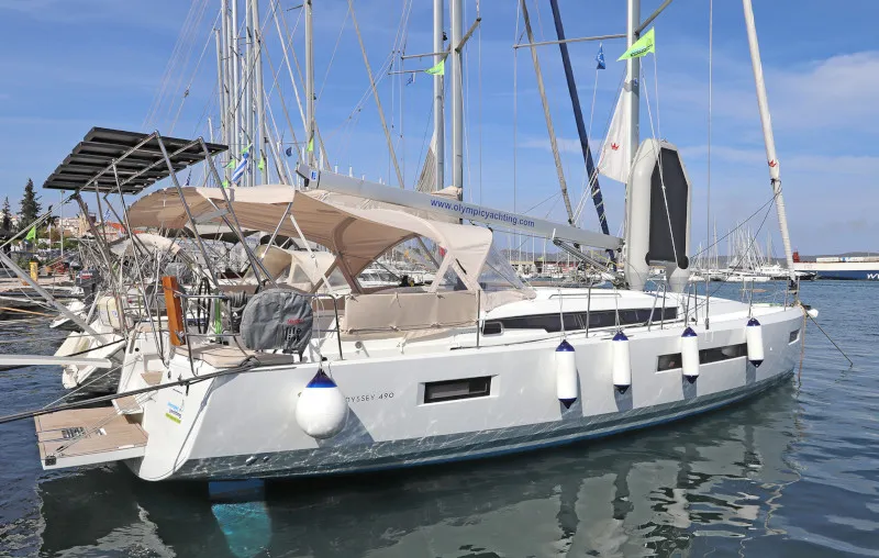 Exterior view of Avra, a Jeanneau Sun Odyssey 490 sailboat at Lavreotiki Municipal Unit, Greece