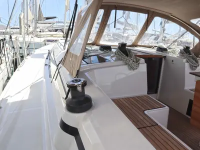 Deck of LIMA, a Bavaria C42 sailboat at Parikia, Greece