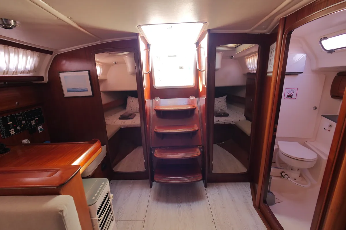 Salon of Velero, a Bavaria 44 sailboat at Fethiye, Turkey