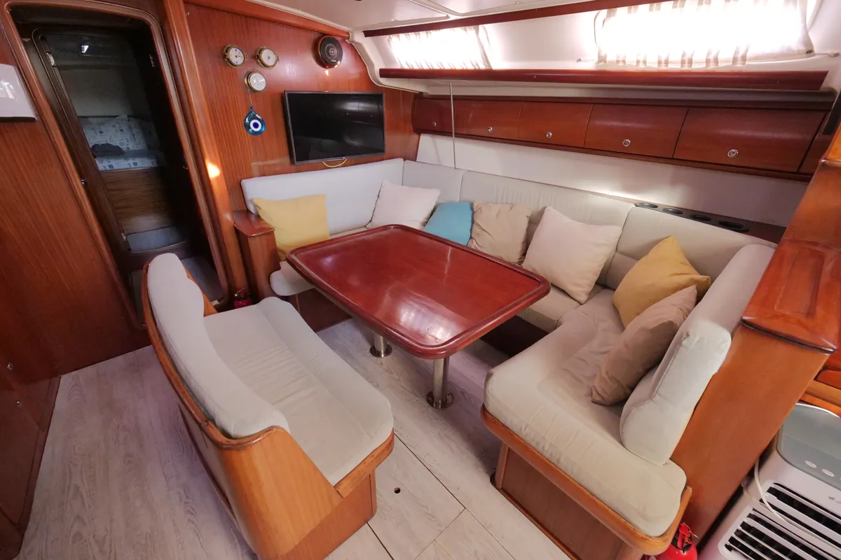 Salon of Velero, a Bavaria 44 sailboat at Fethiye, Turkey