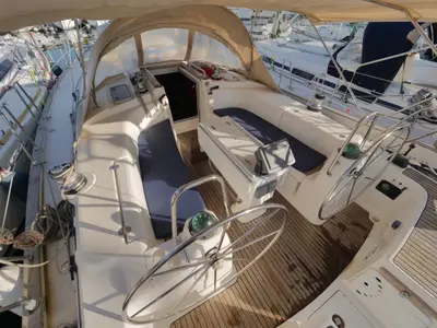 Cockpit of Velero, a Bavaria 44 sailboat at Fethiye, Turkey