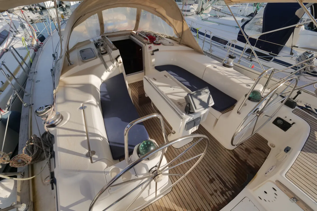 Cockpit of Velero, a Bavaria 44 sailboat at Fethiye, Turkey