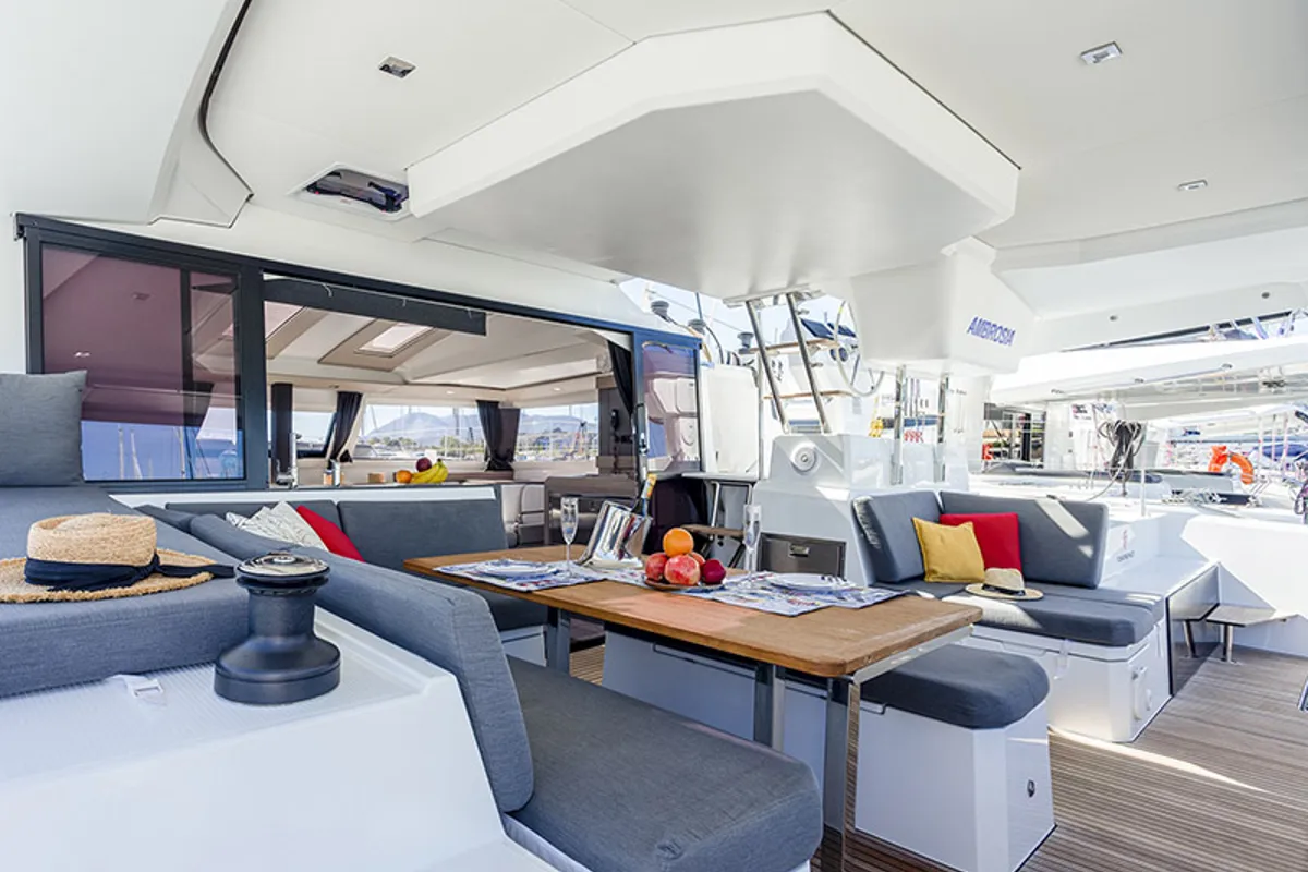 Deck of Alize, a Fountaine Pajot Elba 45 catamaran at Grad Šibenik, Croatia