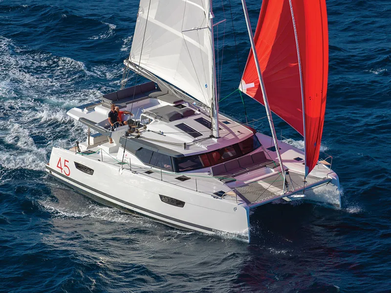 Exterior view of Alize, a Fountaine Pajot Elba 45 catamaran at Grad Šibenik, Croatia