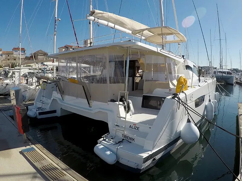 Exterior view of Alize, a Fountaine Pajot Elba 45 catamaran at Grad Šibenik, Croatia