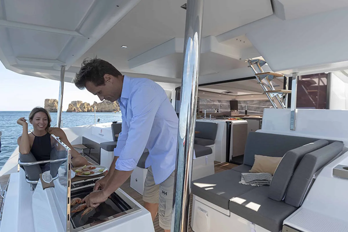Deck of Alize, a Fountaine Pajot Elba 45 catamaran at Grad Šibenik, Croatia