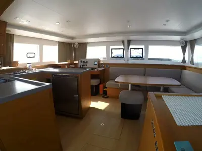Salon of Take It Easy, a Lagoon 450 catamaran at Ribishi, Saint Vincent and the Grenadines