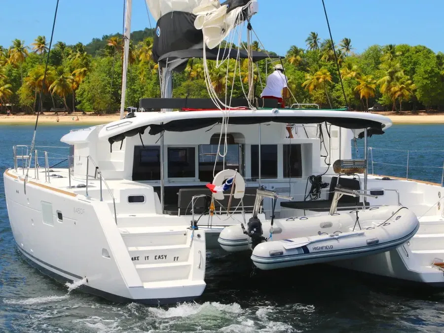 Exterior view of Take It Easy, a Lagoon 450 catamaran at Ribishi, Saint Vincent and the Grenadines