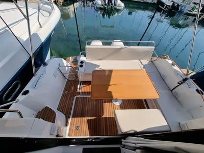 Deck of Queen Korina, a Beneteau Antares 9 OB motorboat at Zadar, Croatia