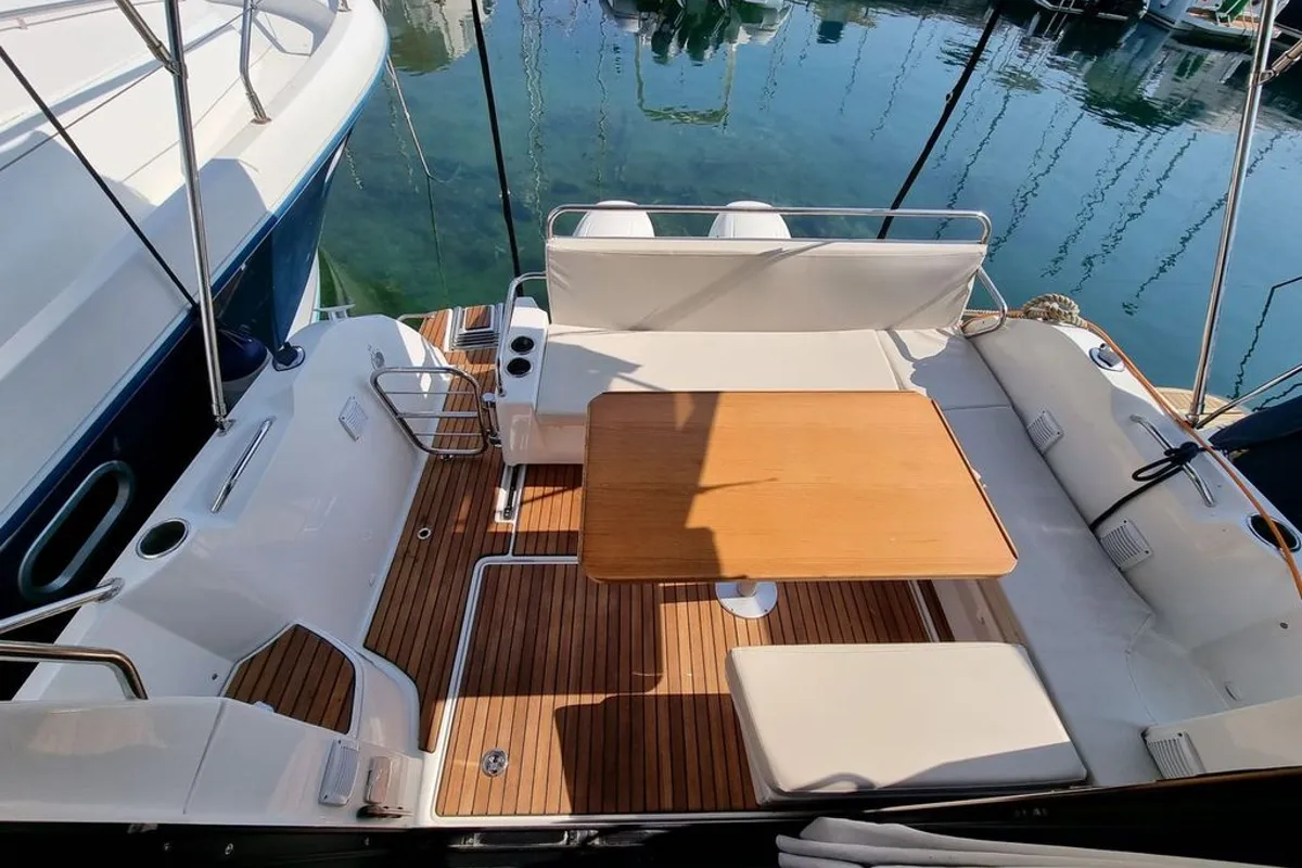 Deck of Queen Korina, a Beneteau Antares 9 OB motorboat at Zadar, Croatia