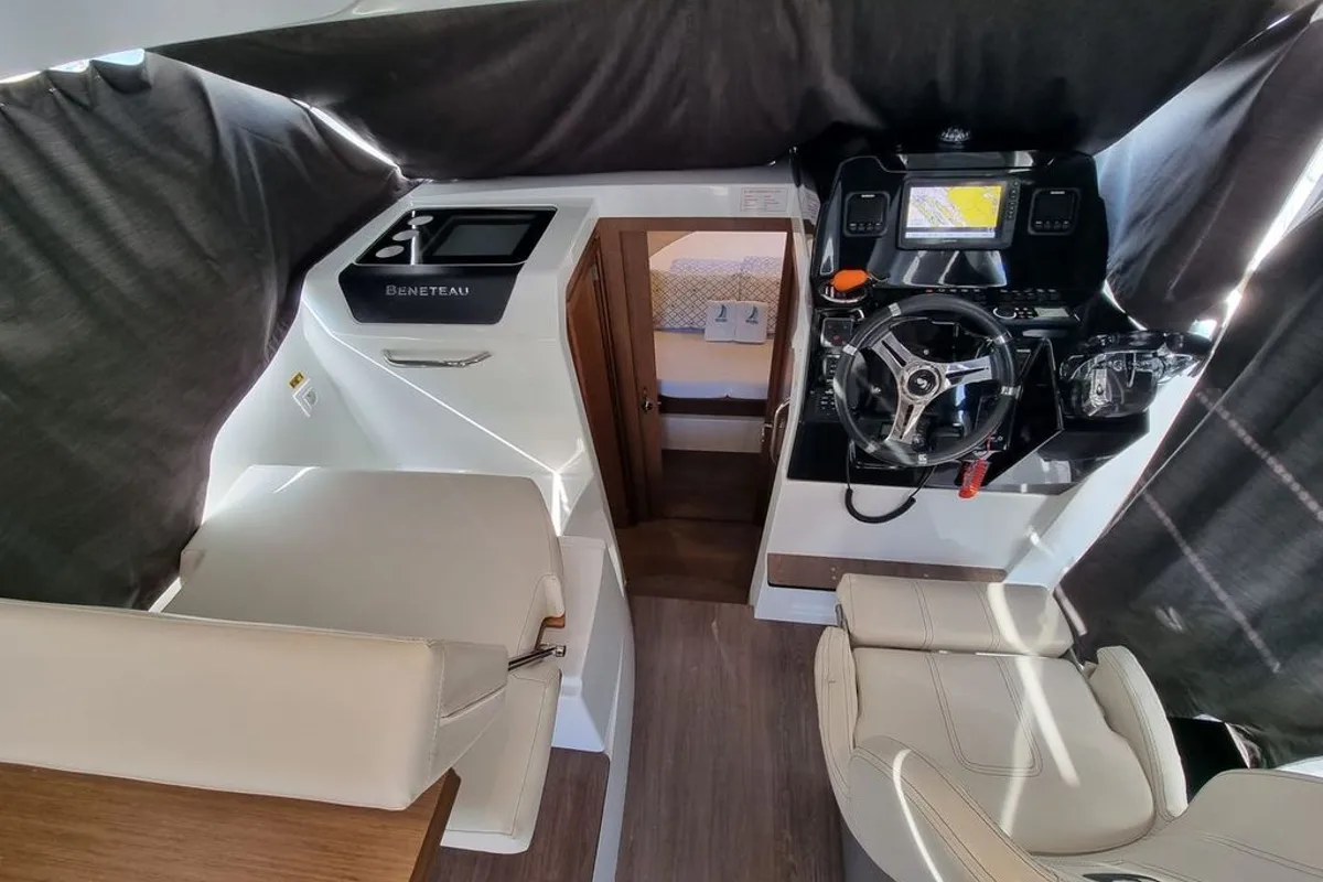 Cockpit of Queen Korina, a Beneteau Antares 9 OB motorboat at Zadar, Croatia
