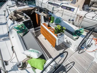 Deck of IDA (new sails 2023.), a Dufour 350 Grand Large sailboat at Primošten, Croatia