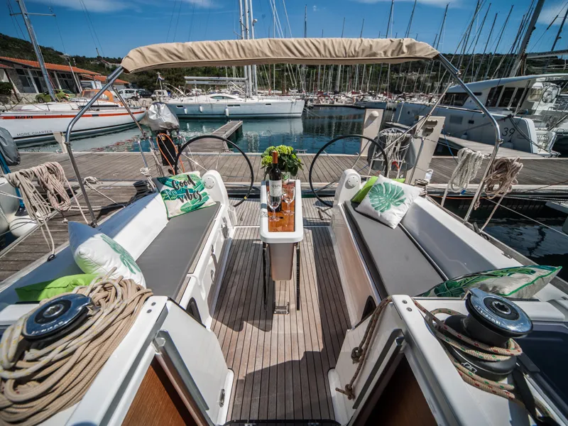 Cockpit of IDA (new sails 2023.), a Dufour 350 Grand Large sailboat at Primošten, Croatia
