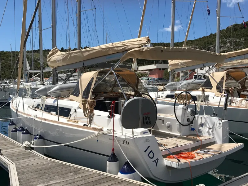 Exterior view of IDA (new sails 2023.), a Dufour 350 Grand Large sailboat at Primošten, Croatia