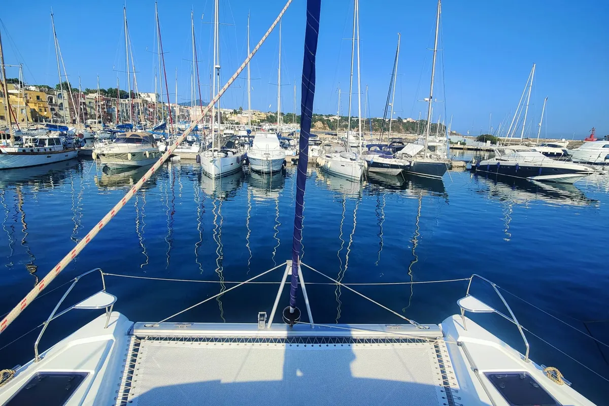 Deck of Alluzo, a Leopard 42 catamaran at Procida, Italy