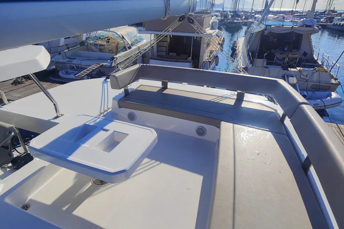Deck of Alluzo, a Leopard 42 catamaran at Procida, Italy