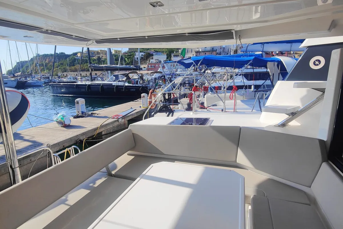 Deck of Alluzo, a Leopard 42 catamaran at Procida, Italy