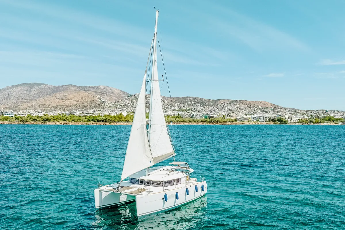 Exterior view of Christina S, a Lagoon 400 S2 catamaran at Salamina, Greece