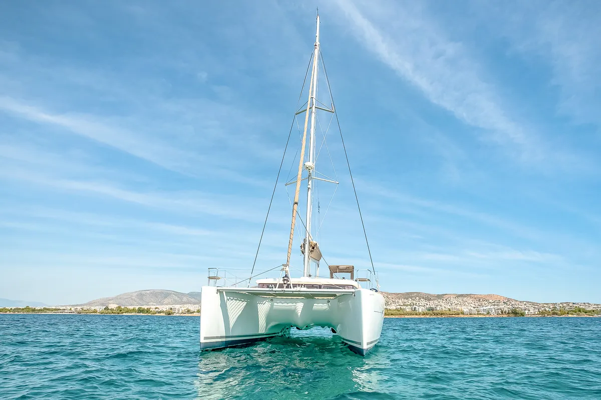 Exterior view of Christina S, a Lagoon 400 S2 catamaran at Salamina, Greece