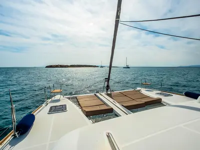 Deck of Christina S, a Lagoon 400 S2 catamaran at Salamina, Greece