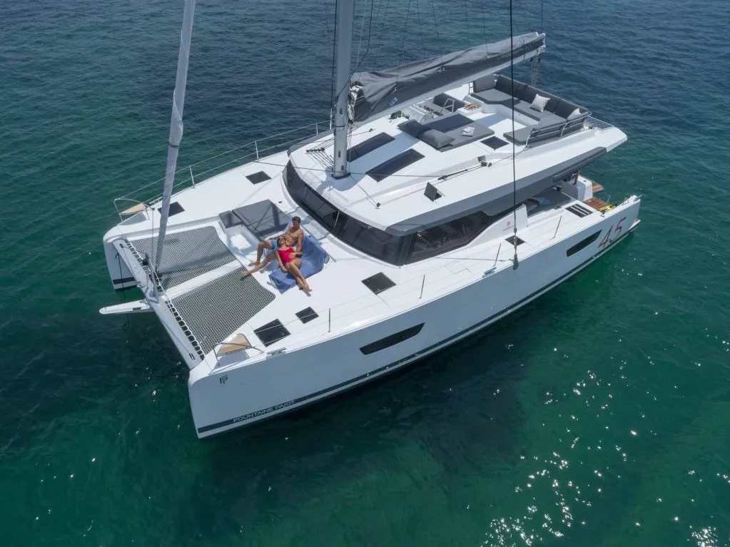 Exterior view of Marina, a Fountaine Pajot Elba 45 catamaran at Seget Donji, Croatia