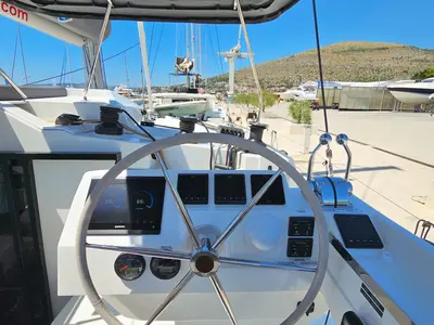 Cockpit of Marina, a Fountaine Pajot Elba 45 catamaran at Seget Donji, Croatia