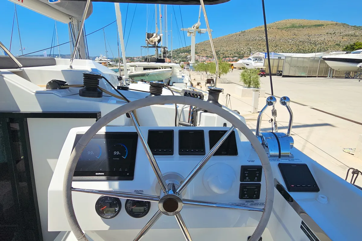 Cockpit of Marina, a Fountaine Pajot Elba 45 catamaran at Seget Donji, Croatia
