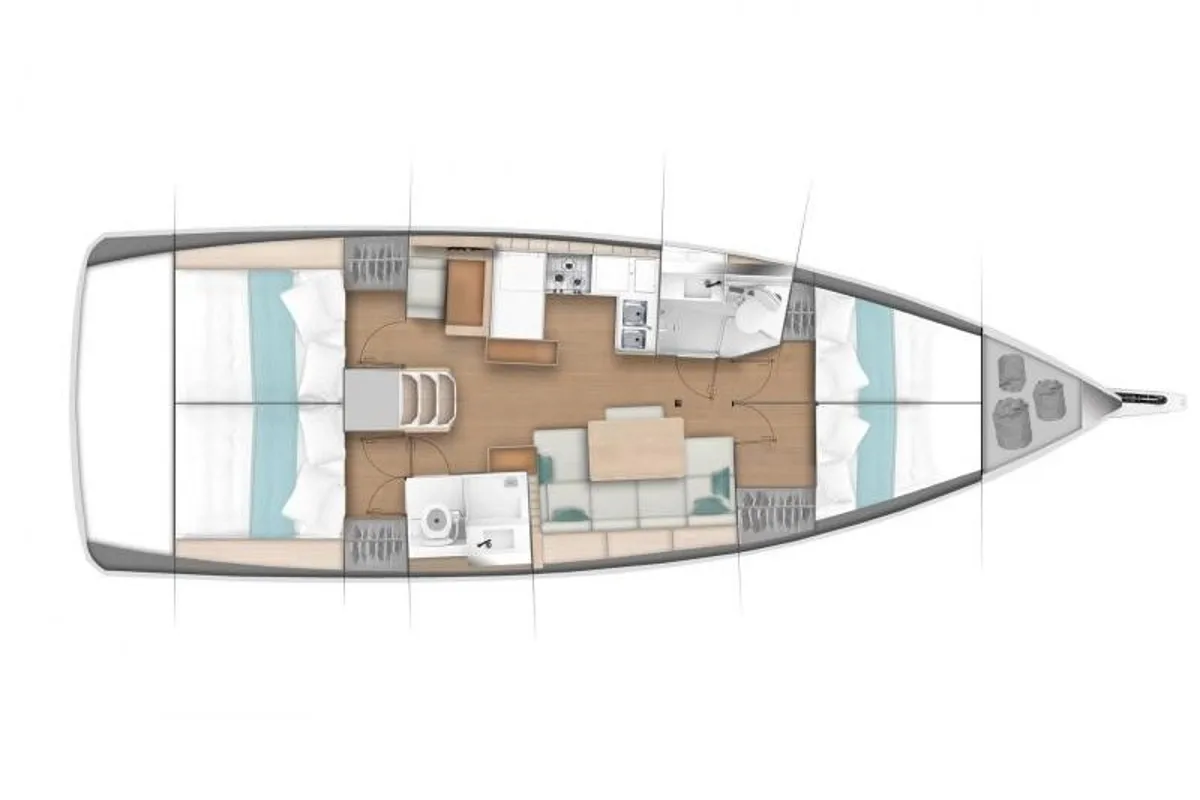 Floor plan of Alboran Amaretto, a Jeanneau Sun Odyssey 440 sailboat at El Rosario, Spain