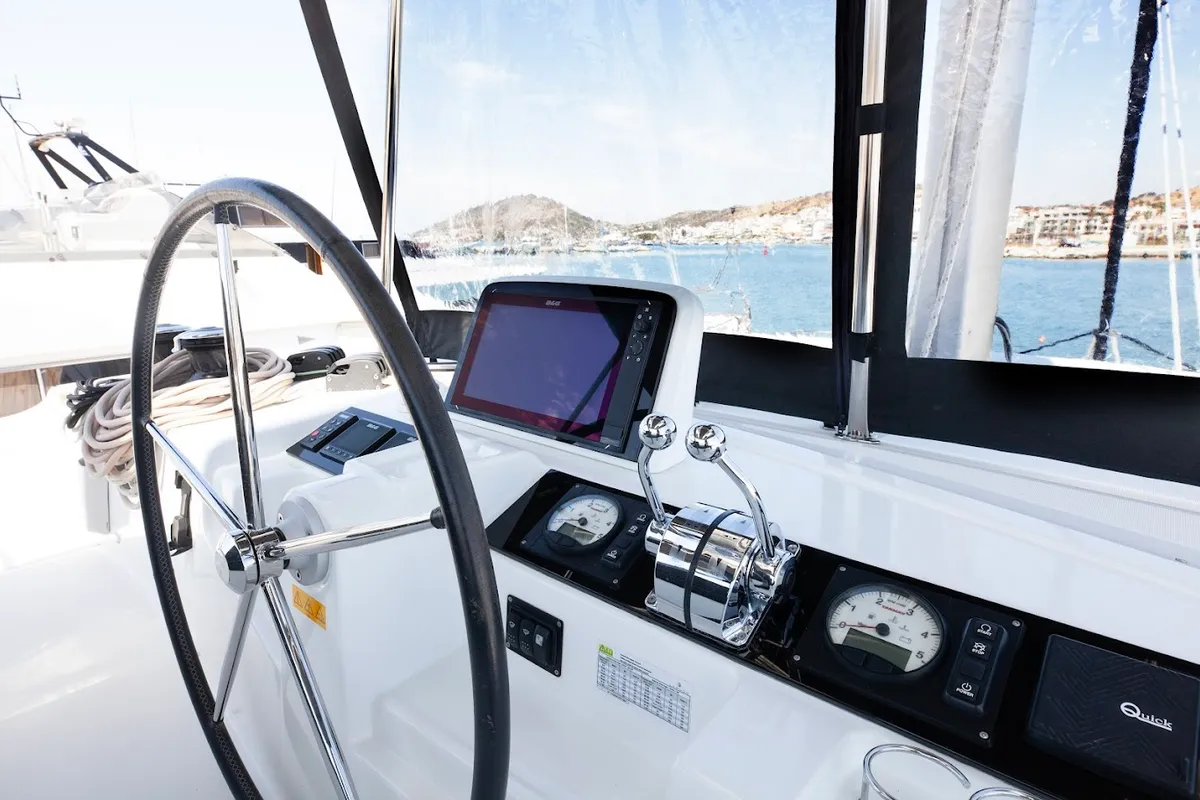 Cockpit of Zen, a Lagoon 46 catamaran at Athens, Greece
