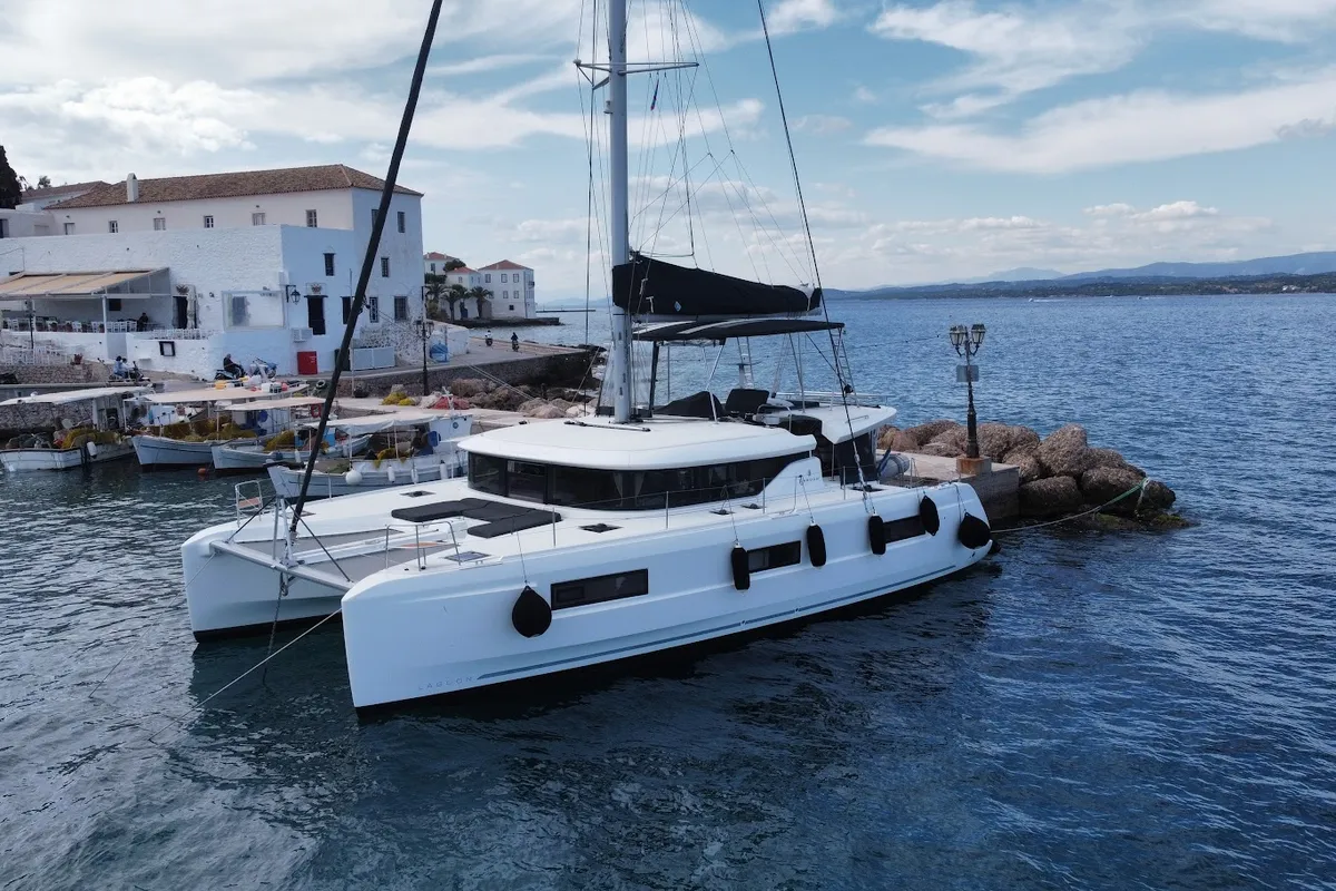 Exterior view of Zen, a Lagoon 46 catamaran at Athens, Greece