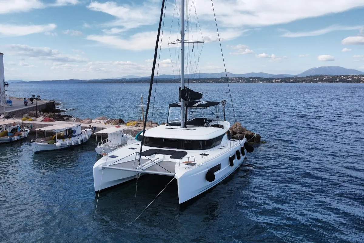 Exterior view of Zen, a Lagoon 46 catamaran at Athens, Greece