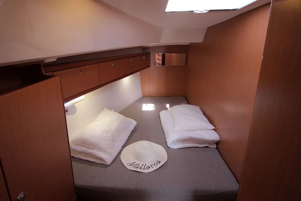 Cabin on Casino Royale, a Bavaria Cruiser 46 sailboat at Llucmajor, Spain