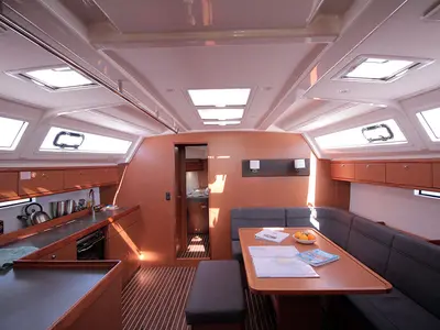 Salon of Casino Royale, a Bavaria Cruiser 46 sailboat at Llucmajor, Spain