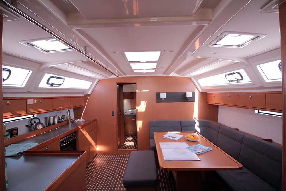 Salon of Casino Royale, a Bavaria Cruiser 46 sailboat at Llucmajor, Spain
