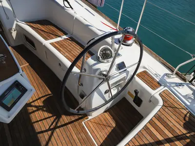 Cockpit of Mojito, a Beneteau Oceanis 43 sailboat at Municipal Unit of Lefkada, Greece
