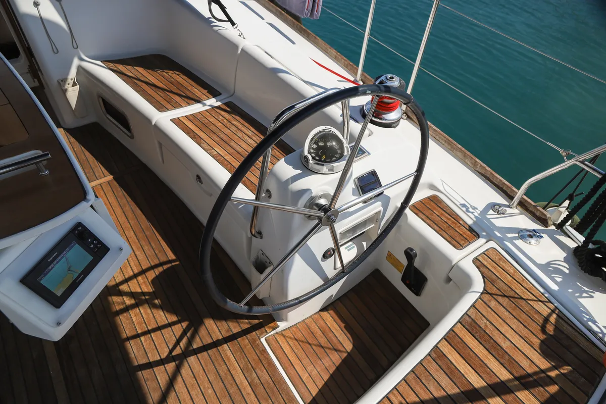 Cockpit of Mojito, a Beneteau Oceanis 43 sailboat at Municipal Unit of Lefkada, Greece