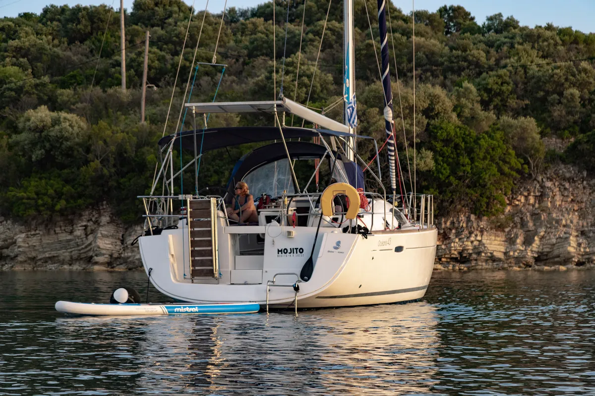 Exterior view of Mojito, a Beneteau Oceanis 43 sailboat at Municipal Unit of Lefkada, Greece