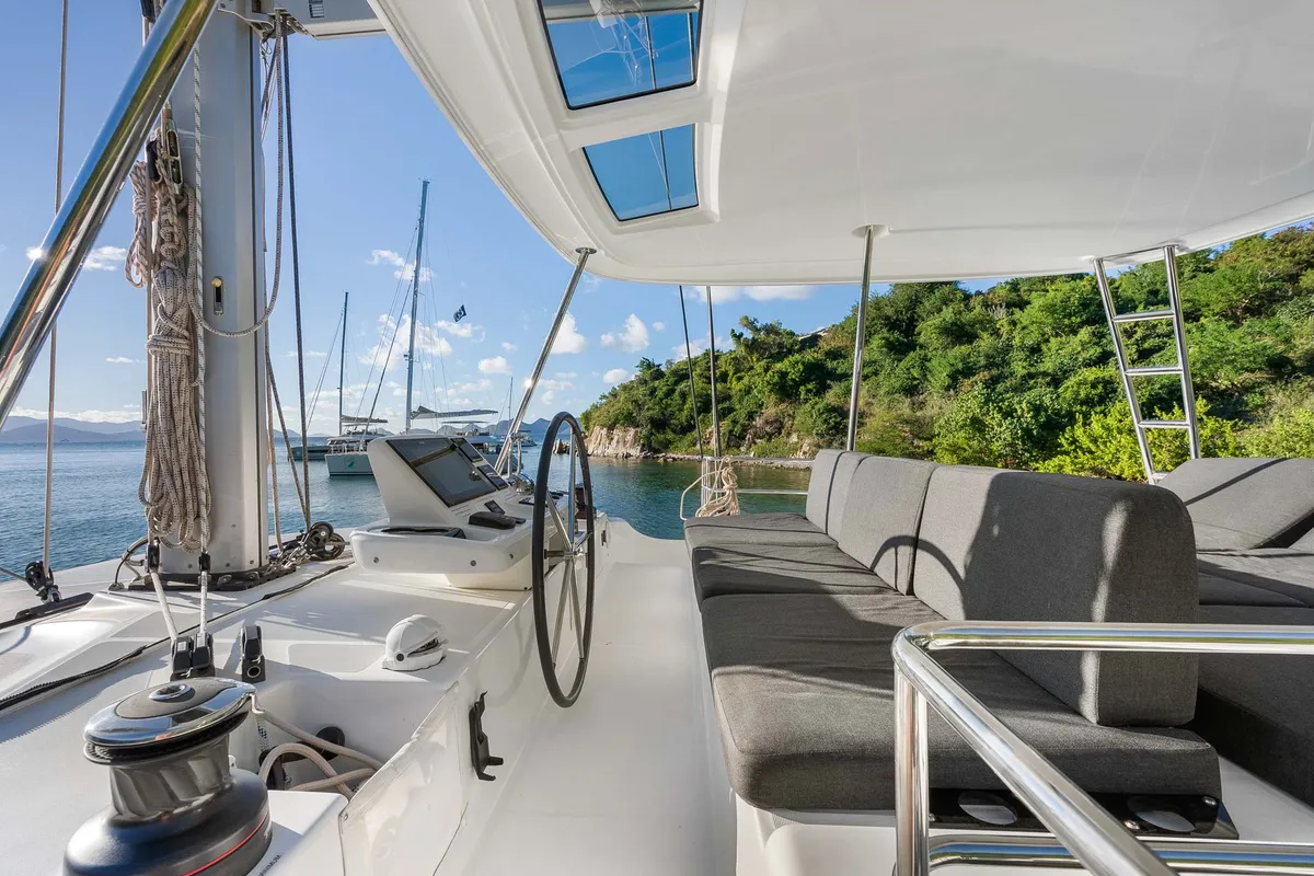 Cockpit of Echo, a Lagoon 50 catamaran at Road Town, British Virgin Islands