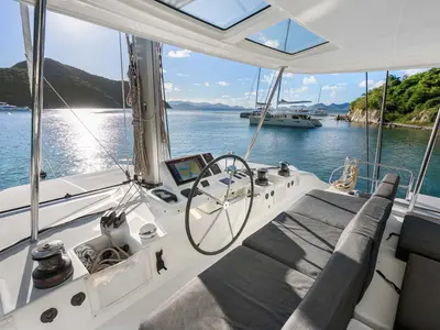 Cockpit of Echo, a Lagoon 50 catamaran at Road Town, British Virgin Islands