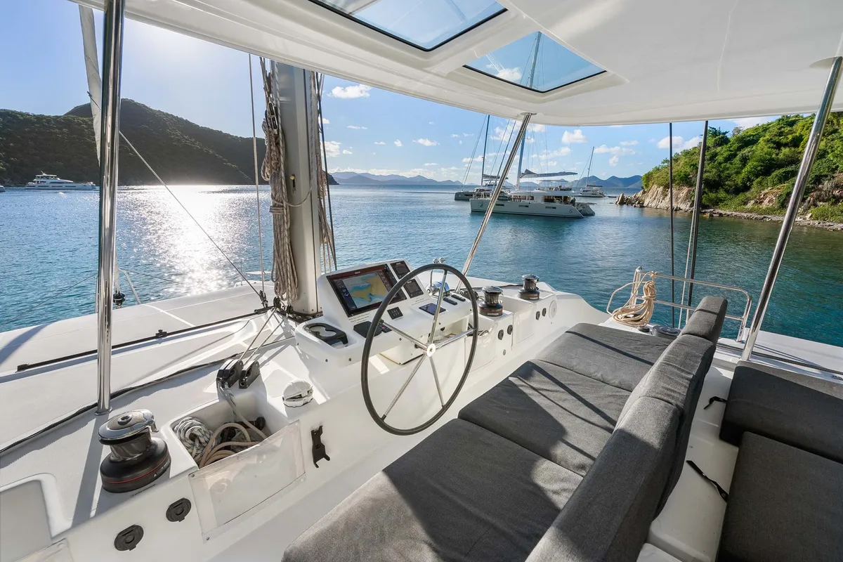 Cockpit of Echo, a Lagoon 50 catamaran at Road Town, British Virgin Islands