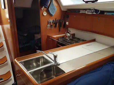 Galley of Serenade, a Beneteau Oceanis 37 sailboat at Bergen, Norway