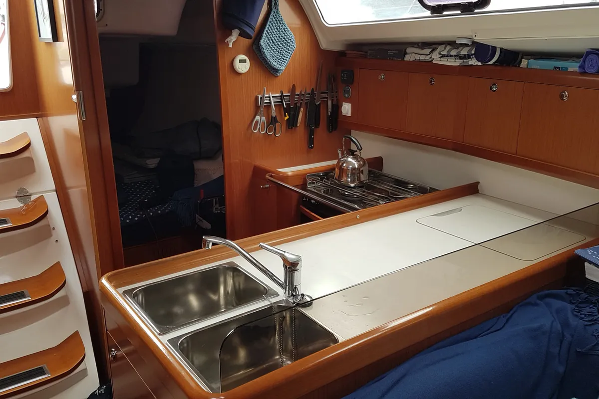 Galley of Serenade, a Beneteau Oceanis 37 sailboat at Bergen, Norway